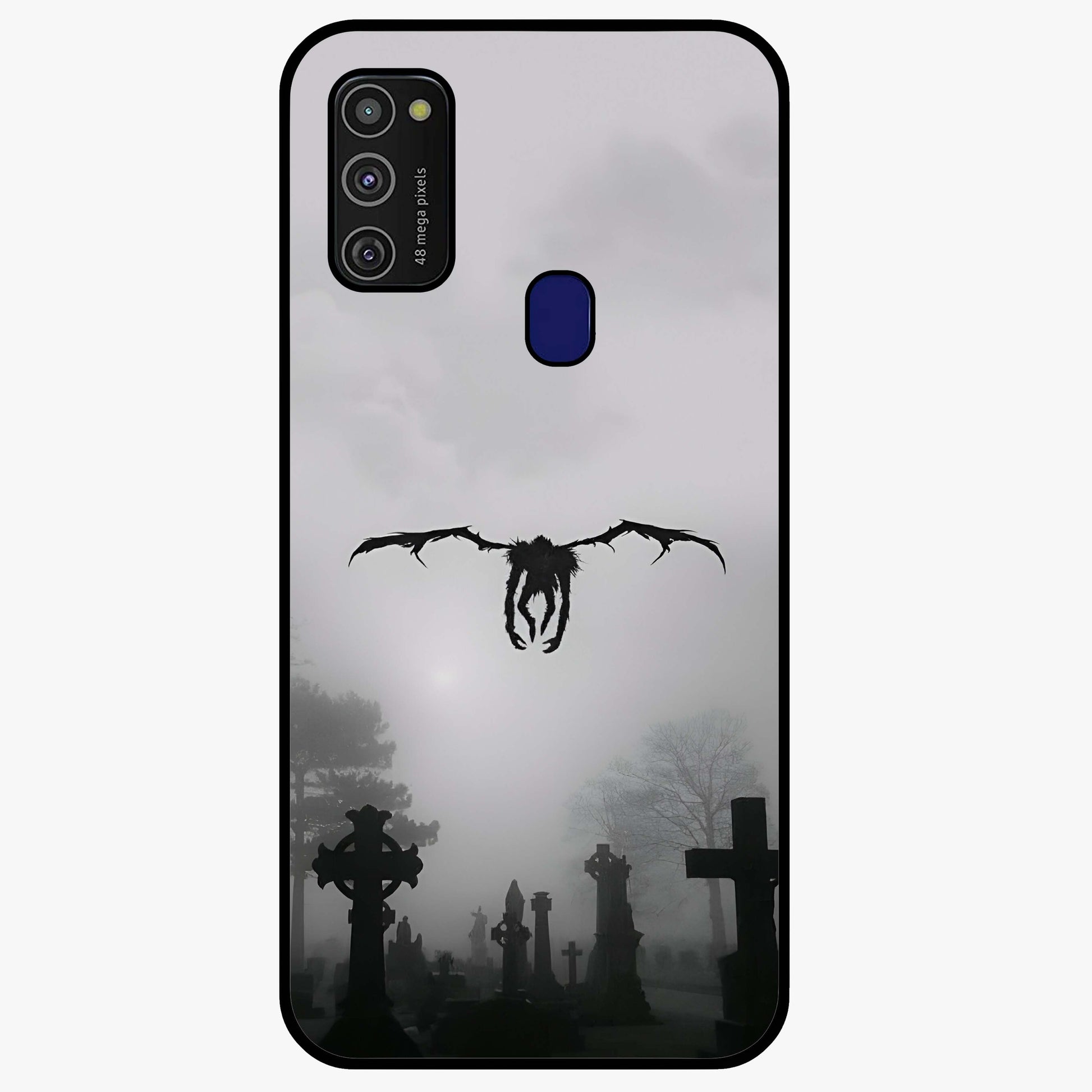 Graveyard Shadow Descent Glass Case showing flat back view with dark graveyard themed artwork and glossy glass finish.