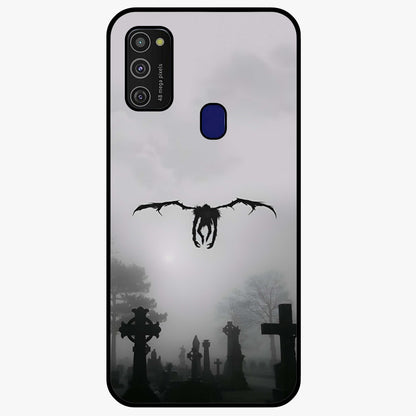 Graveyard Shadow Descent Glass Case showing flat back view with dark graveyard themed artwork and glossy glass finish.