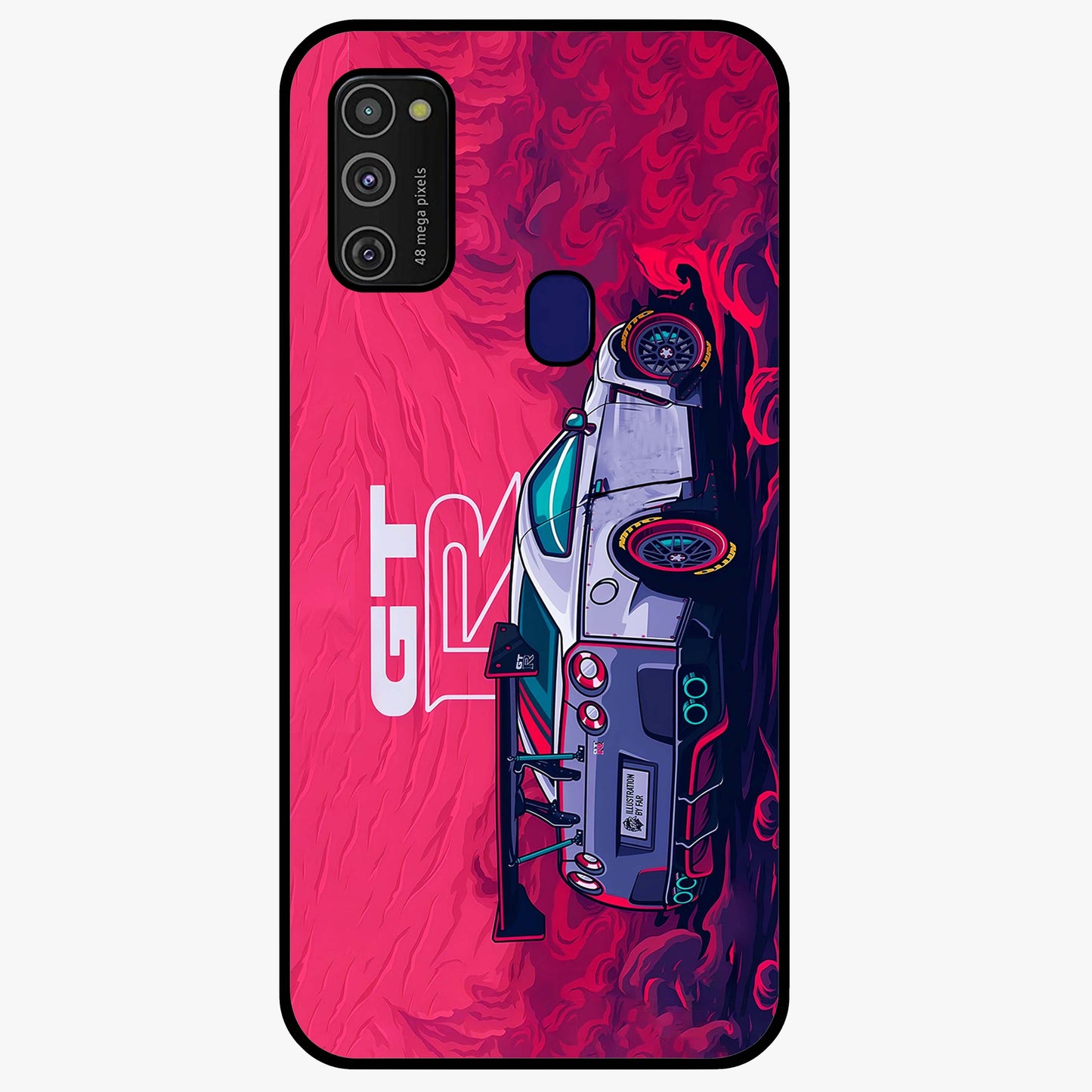GT-R Car Pattern Glass Case showing flat back view with sporty car inspired pattern artwork and glossy glass finish.