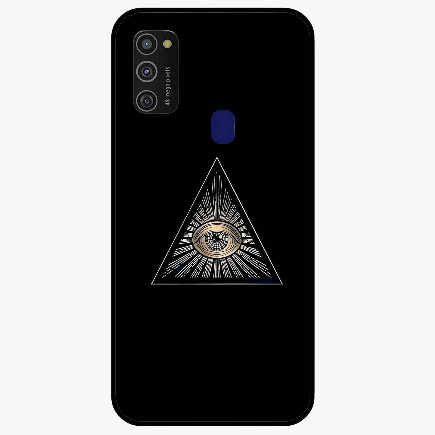 Illuminati Evil Glass Case showing flat back view with mysterious illuminati symbol artwork and glossy glass finish.