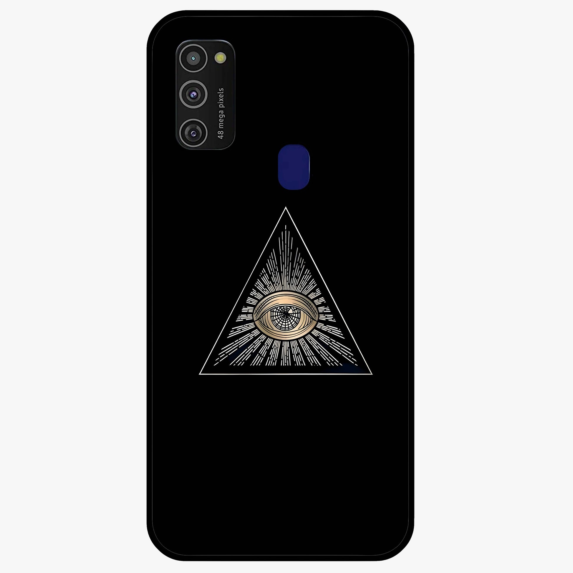 Illuminati Evil Glass Case showing flat back view with mysterious illuminati symbol artwork and glossy glass finish.