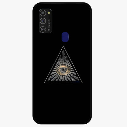 Illuminati Evil Glass Case showing flat back view with mysterious illuminati symbol artwork and glossy glass finish.