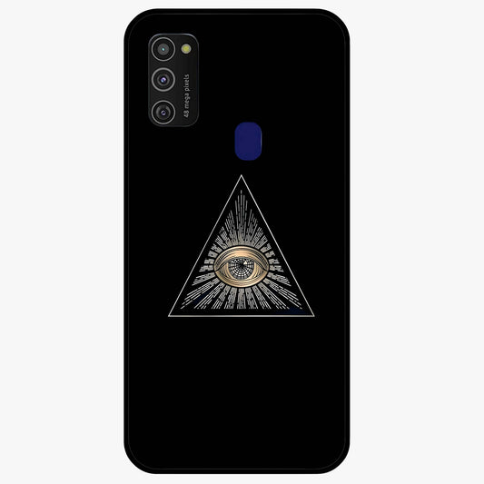 Illuminati Evil Glass Case showing flat back view with mysterious illuminati symbol artwork and glossy glass finish.
