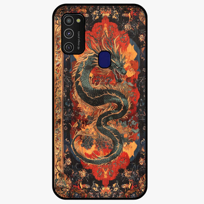 Inferno Dragon Soul Glass Case showing flat back view with fiery dragon artwork and glossy glass finish.