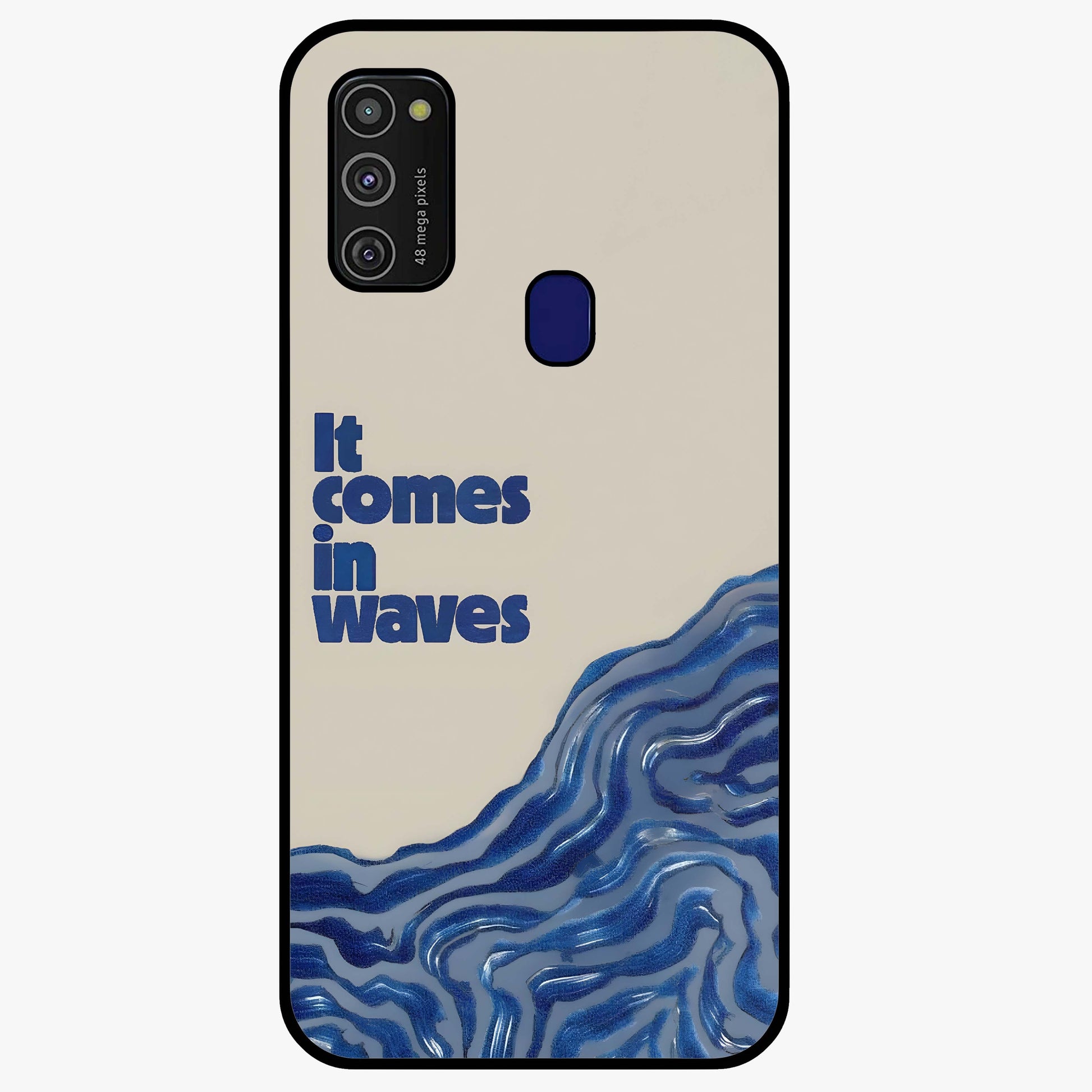 It Comes In Waves Quote Glass Case showing flat back view with inspirational wave themed quote artwork and glossy glass finish.