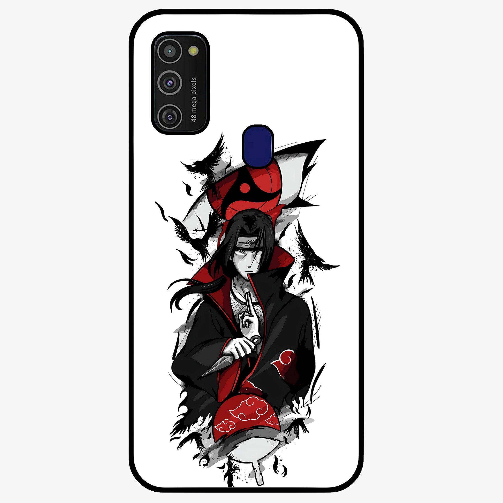 Itachi Sharingan Glass Case showing flat back view with powerful anime eye artwork and glossy glass finish.