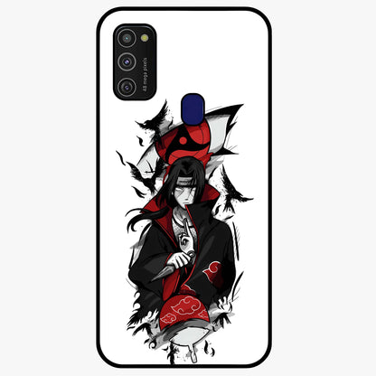 Itachi Sharingan Glass Case showing flat back view with powerful anime eye artwork and glossy glass finish.
