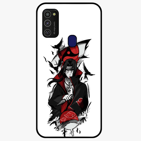 Itachi Sharingan Glass Case showing flat back view with powerful anime eye artwork and glossy glass finish.