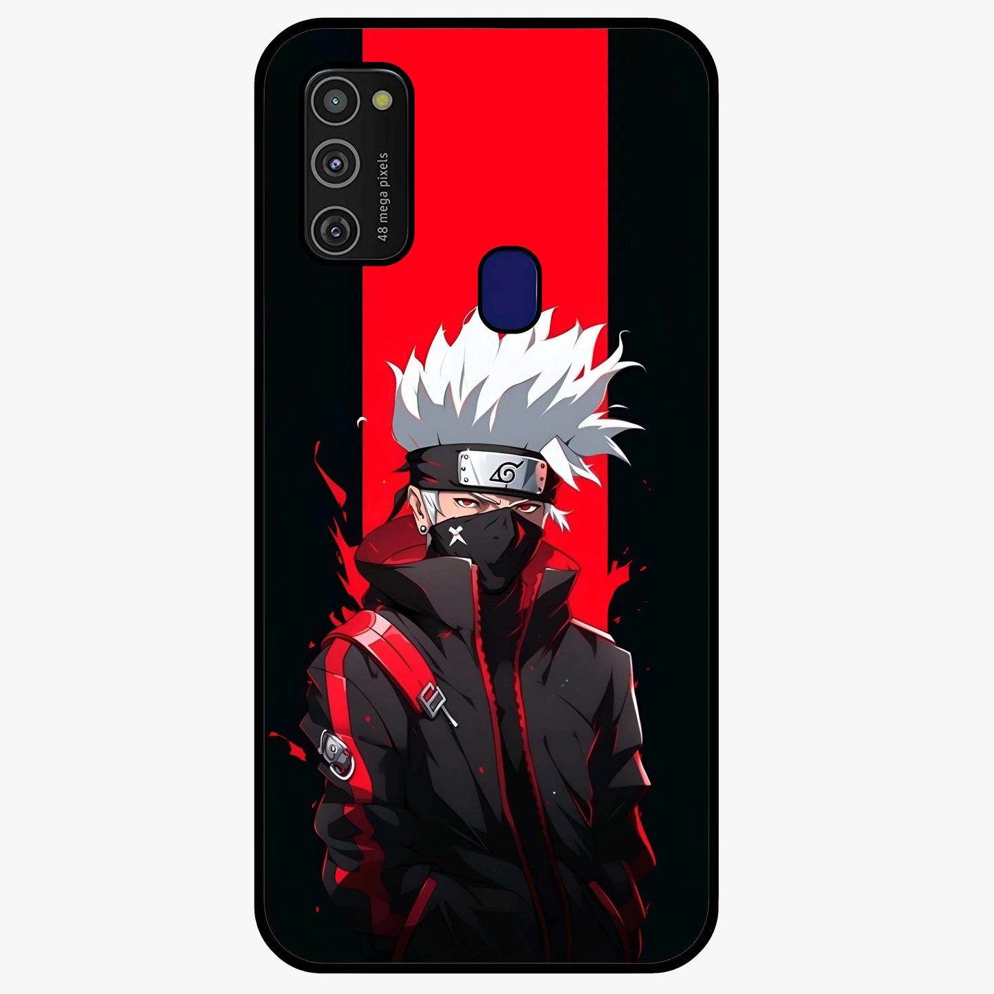 Kakashi Scarlet Shadow Glass Case showing flat back view with powerful anime ninja artwork and glossy glass finish.