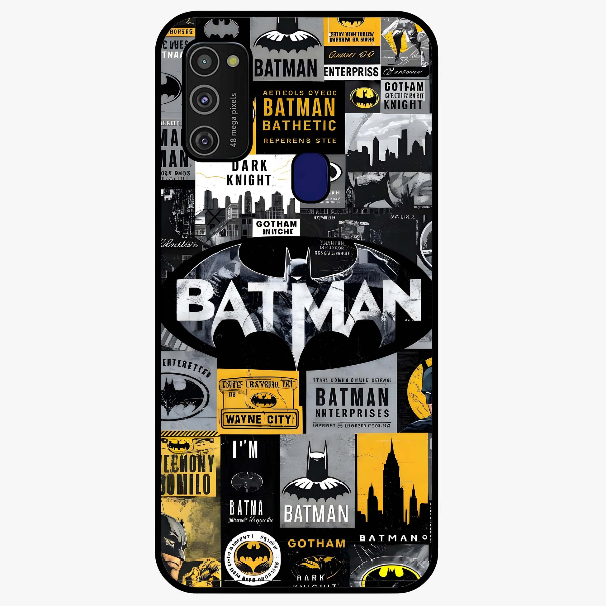 Knight Gotham Rise Glass Case showing flat back view with dark hero inspired artwork and glossy glass finish.