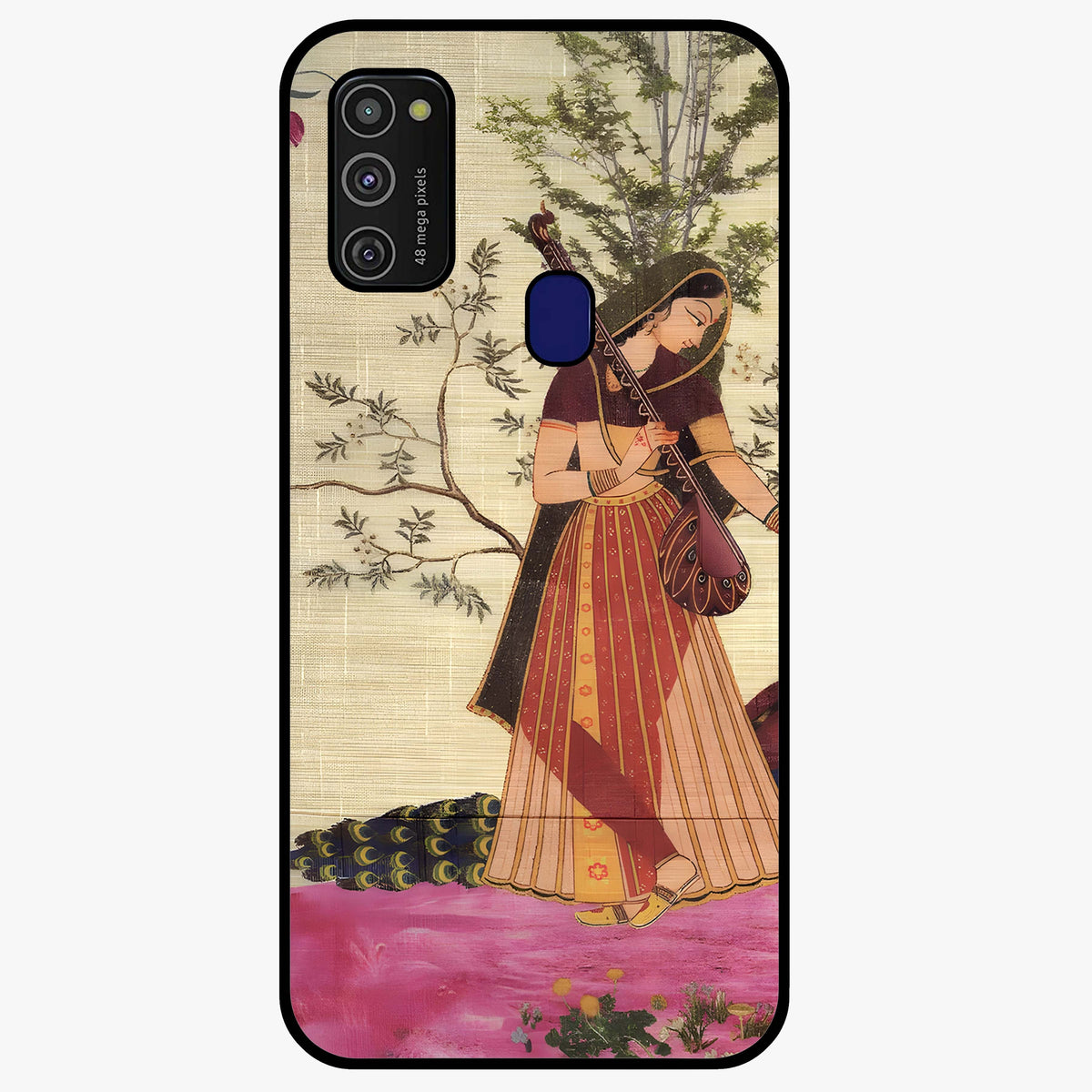 Lady With Veena Art Glass Case showing flat back view with elegant woman playing veena artwork and glossy glass finish.
