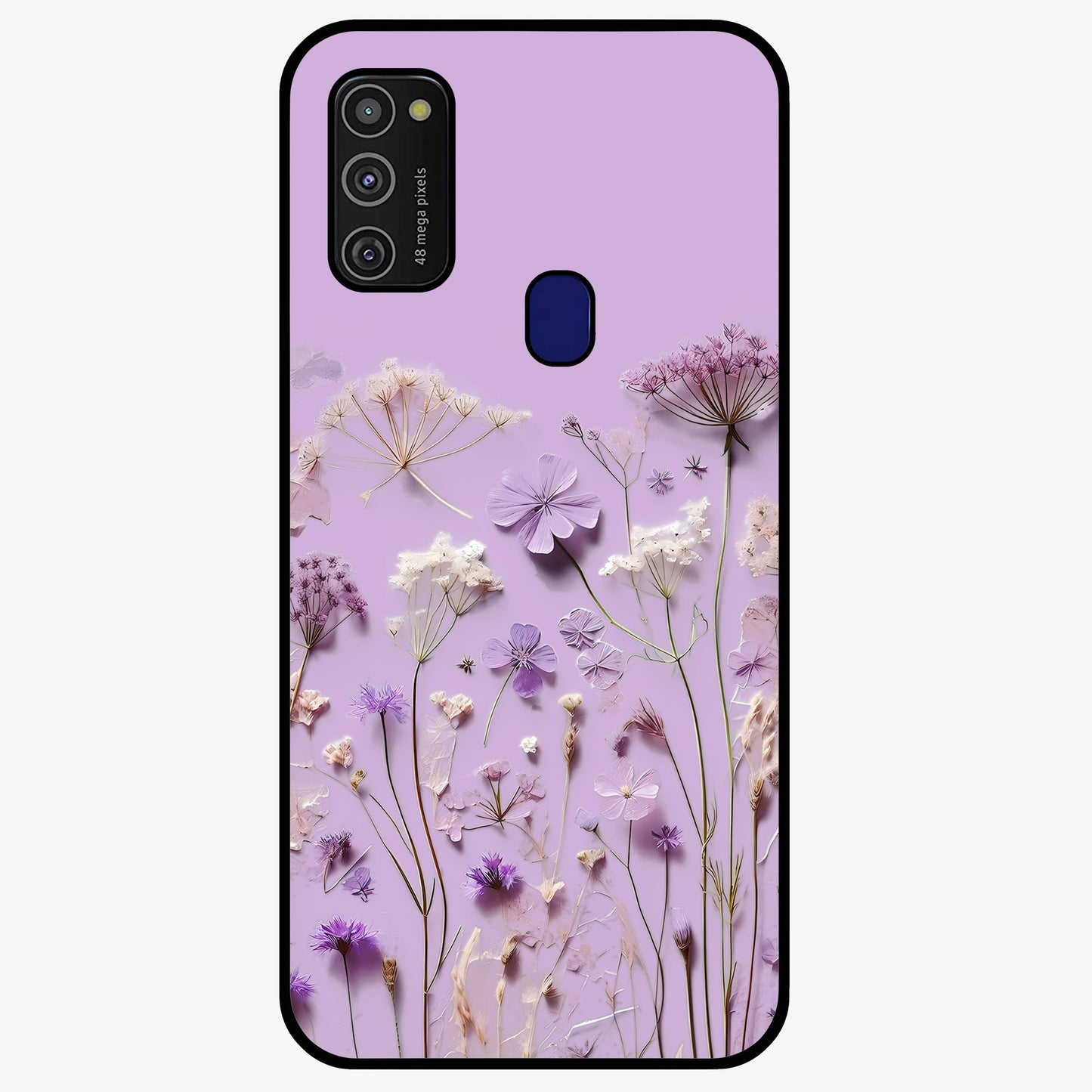 Lavender Blossom Dream Glass Case showing flat back view with soft lavender floral artwork and glossy glass finish.