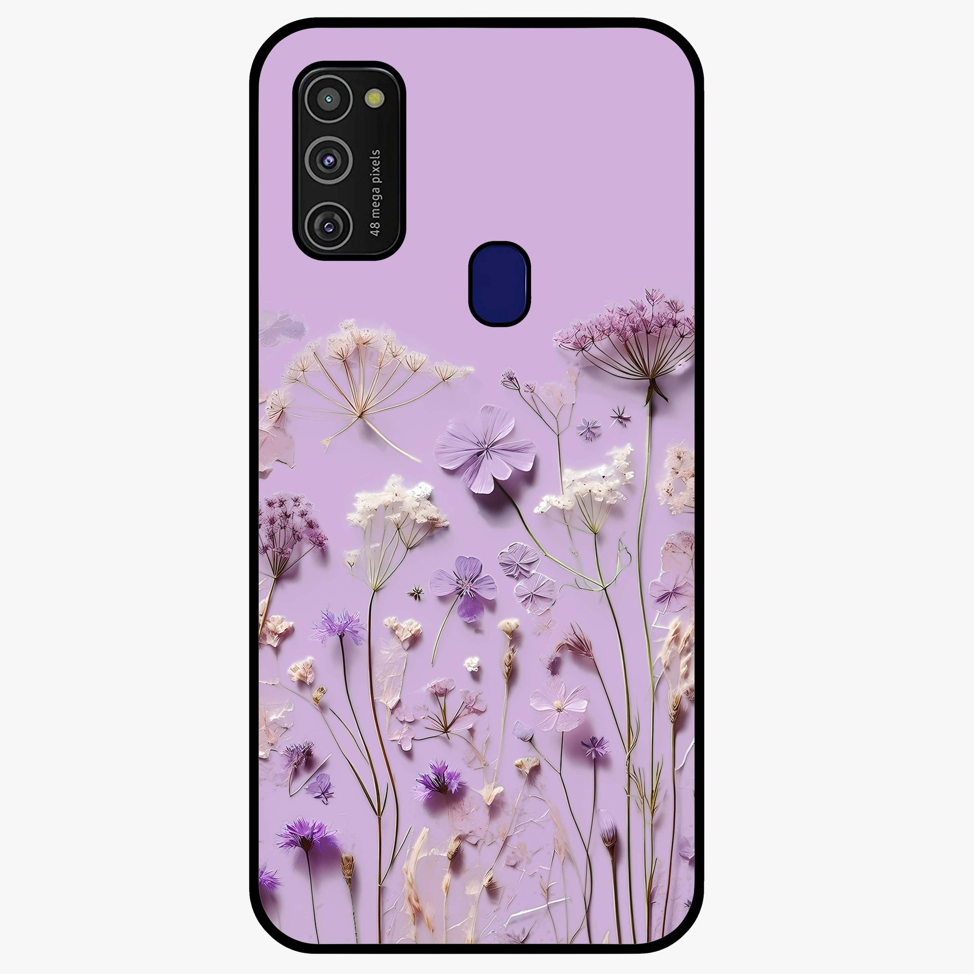 Lavender Blossom Dream Glass Case showing flat back view with soft lavender floral artwork and glossy glass finish.