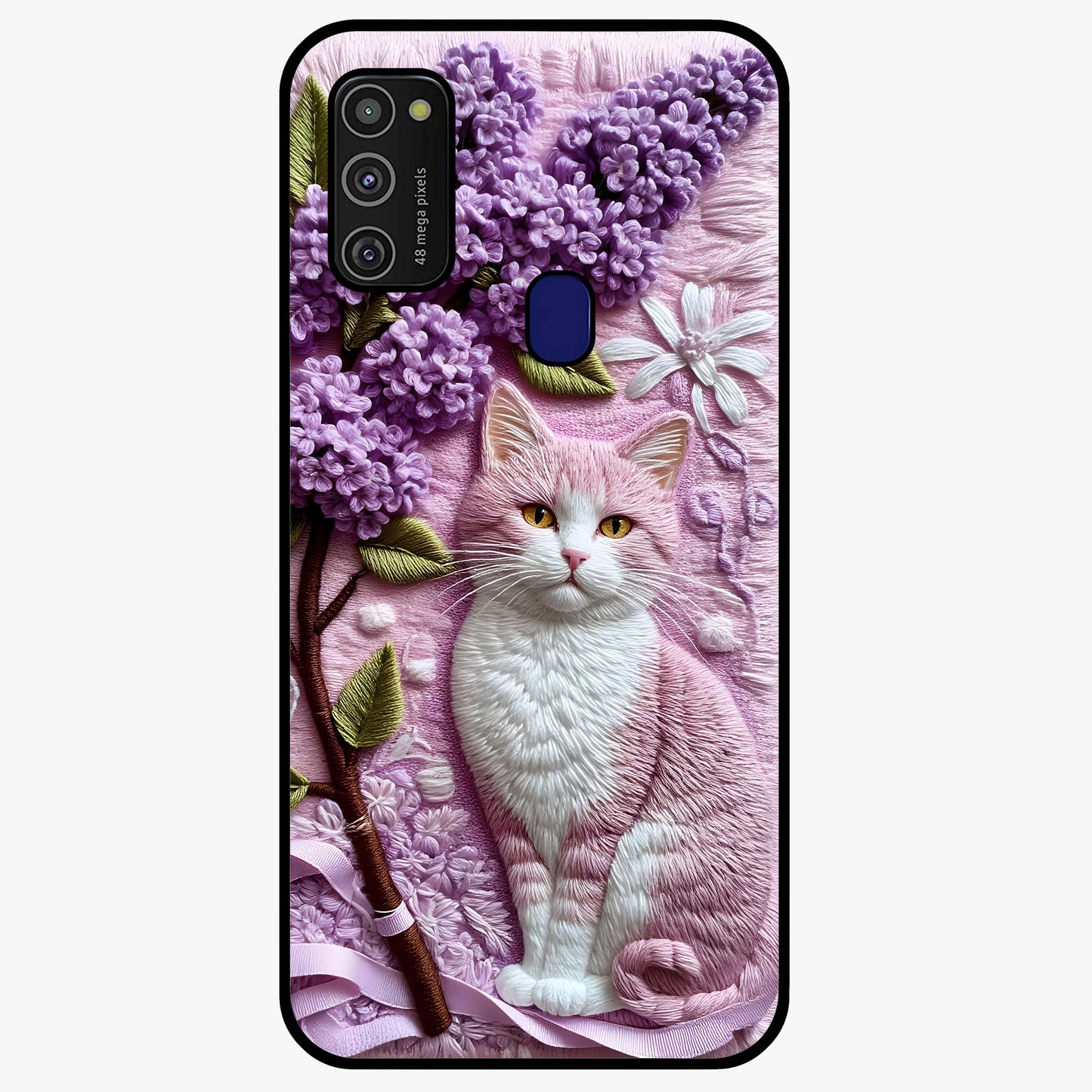Lavender Cat Whimsy Glass Case showing flat back view with cute lavender cat artwork and glossy glass finish.
