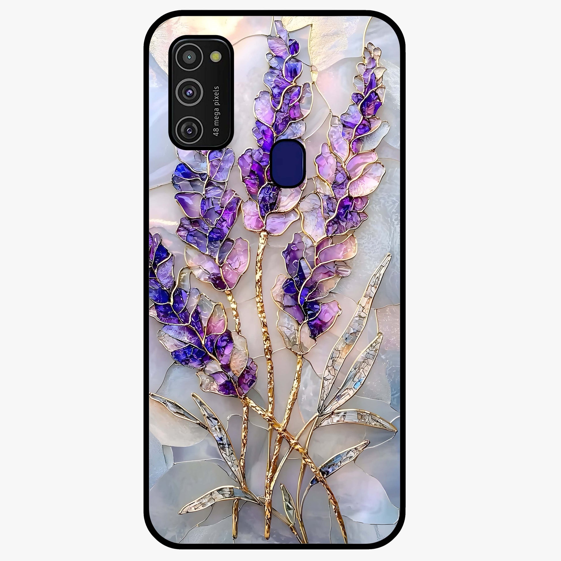 Lavender Dream Glow Glass Case showing flat back view with glowing lavender aesthetic artwork and glossy glass finish.