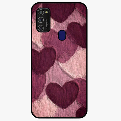 Layered Paper Hearts Glass Case showing flat back view with layered paper heart artwork and glossy glass finish.
