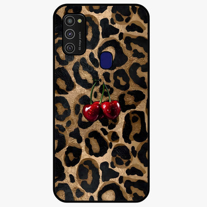 Leopard Wild Cherry Glass Case showing flat back view with leopard pattern and cherry artwork and glossy glass finish.