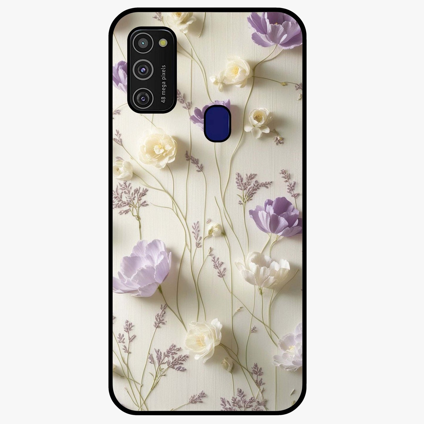 Lilac Breeze Harmony Glass Case showing flat back view with soft lilac themed artwork and glossy glass finish.