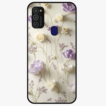 Lilac Breeze Harmony Glass Case showing flat back view with soft lilac themed artwork and glossy glass finish.