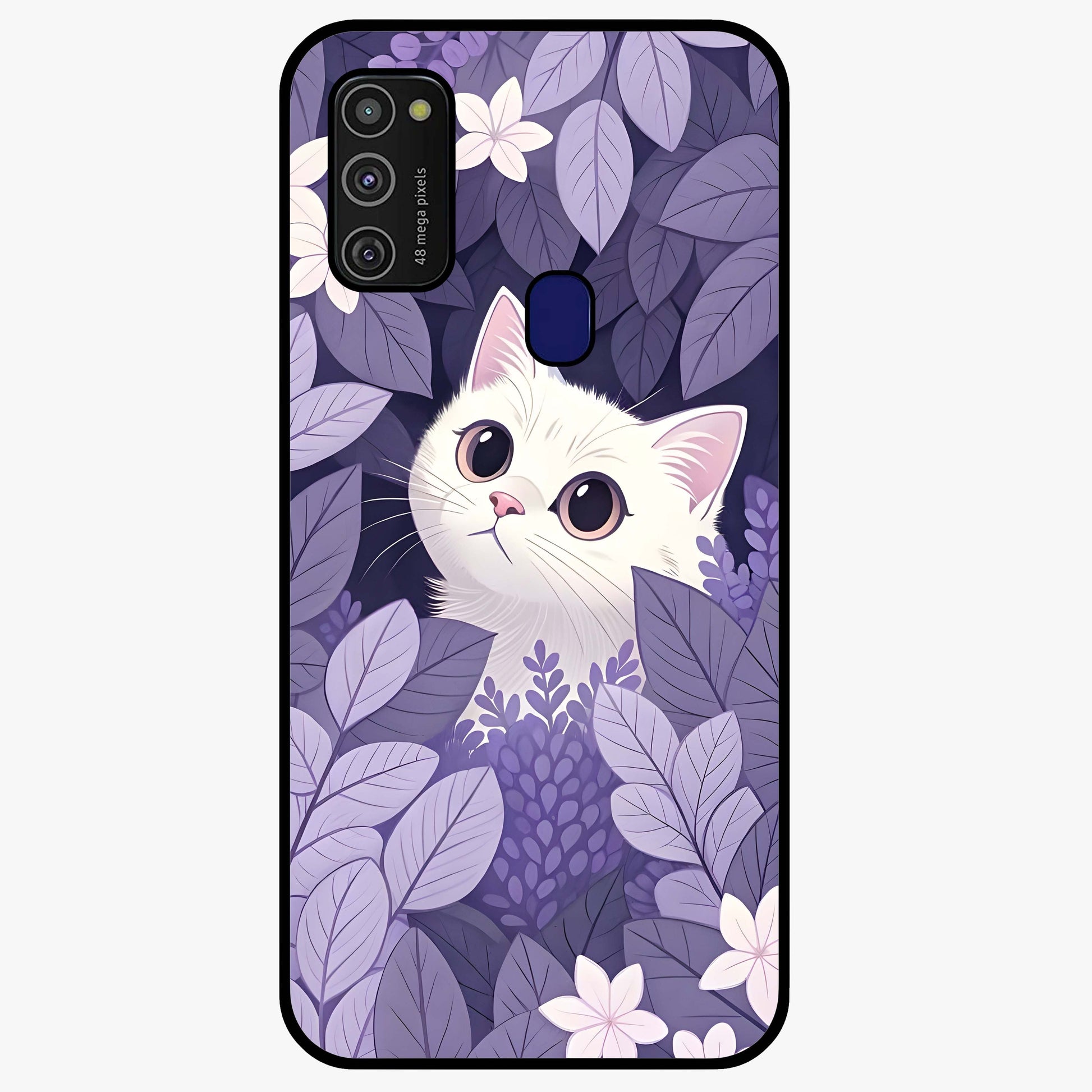 Lilac Hide Peek Cat Glass Case showing flat back view with cute peeking cat artwork and glossy glass finish.