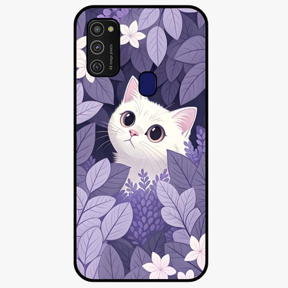Lilac Hide Peek Cat Glass Case showing flat back view with cute peeking cat artwork and glossy glass finish.