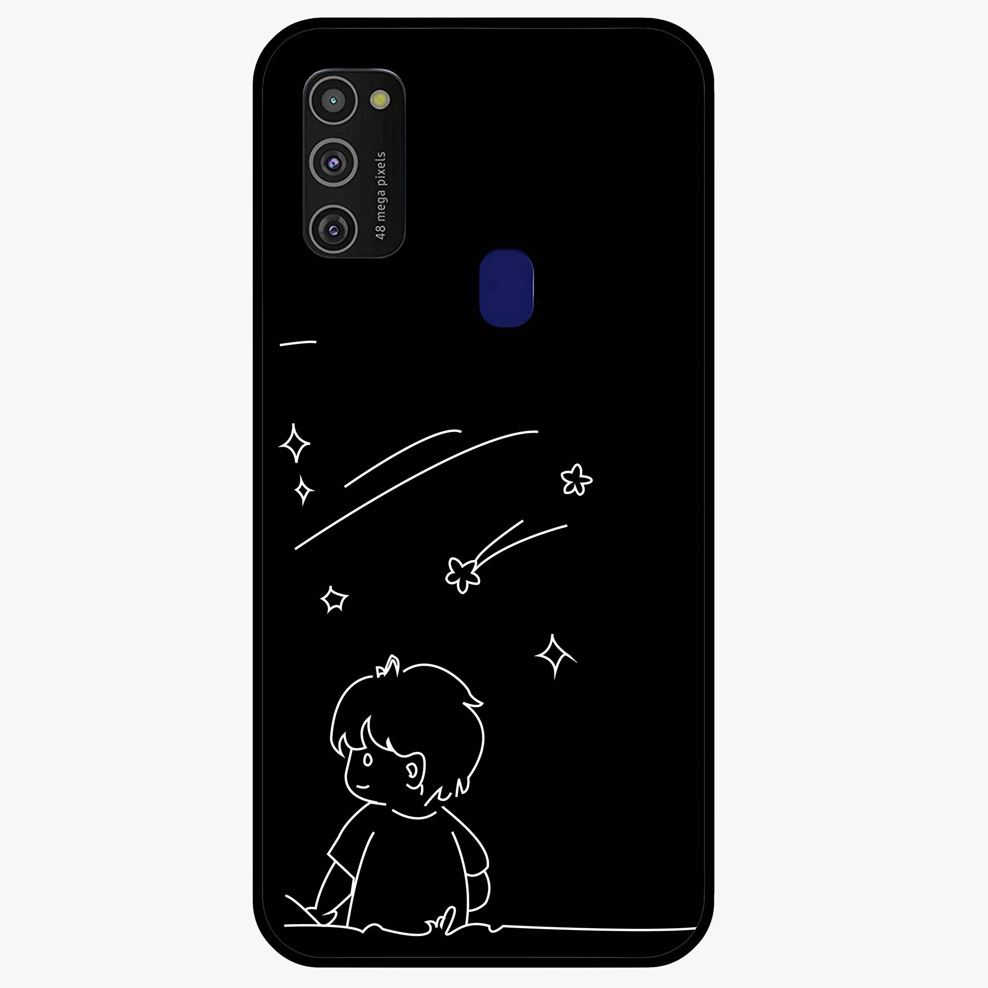 Line Art Boy With Shooting Stars Glass Case showing flat back view with minimal line art boy and shooting stars illustration and glossy glass finish.
