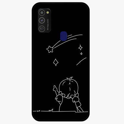 Line Art Girl With Shooting Stars Glass Case showing flat back view with minimal line art girl and shooting stars illustration and glossy glass finish.