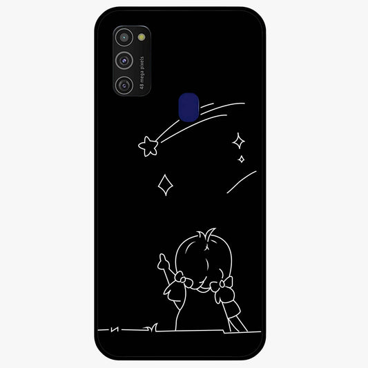 Line Art Girl With Shooting Stars Glass Case showing flat back view with minimal line art girl and shooting stars illustration and glossy glass finish.