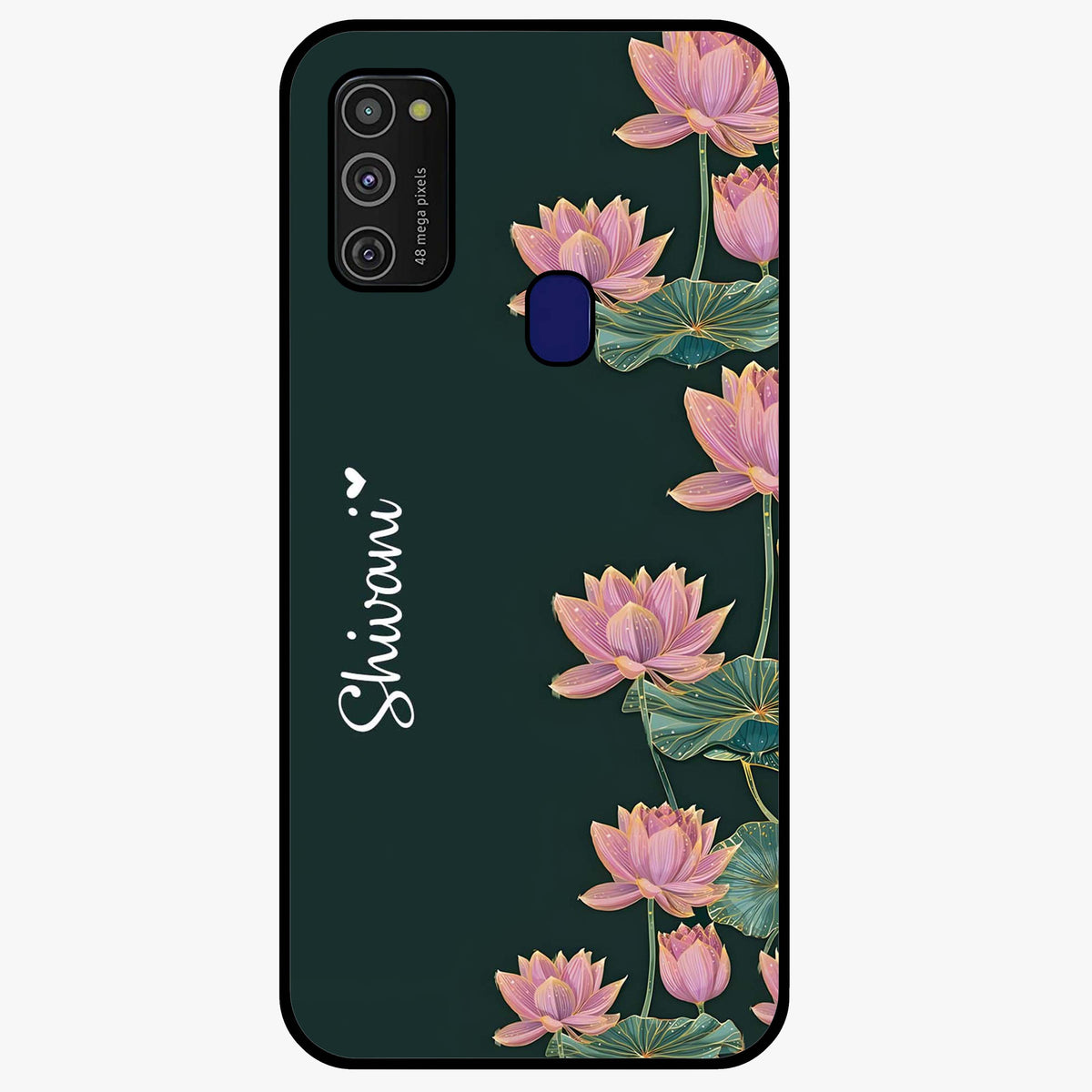 Lotus Bloom Serenity Custom Name Glass Case showing flat back view with elegant lotus flower artwork and personalized name design.