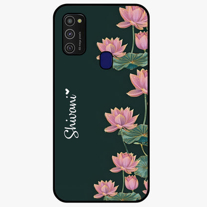 Lotus Bloom Serenity Custom Name Glass Case showing flat back view with elegant lotus flower artwork and personalized name design.