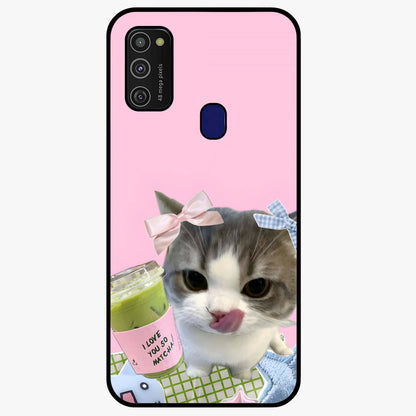 Love Matcha Cat Glass Case showing flat back view with cute cat and matcha themed artwork and glossy glass finish.