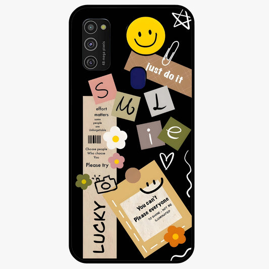 Lucky Aesthetic Collage Glass Case showing flat back view with trendy aesthetic collage artwork and glossy glass finish.