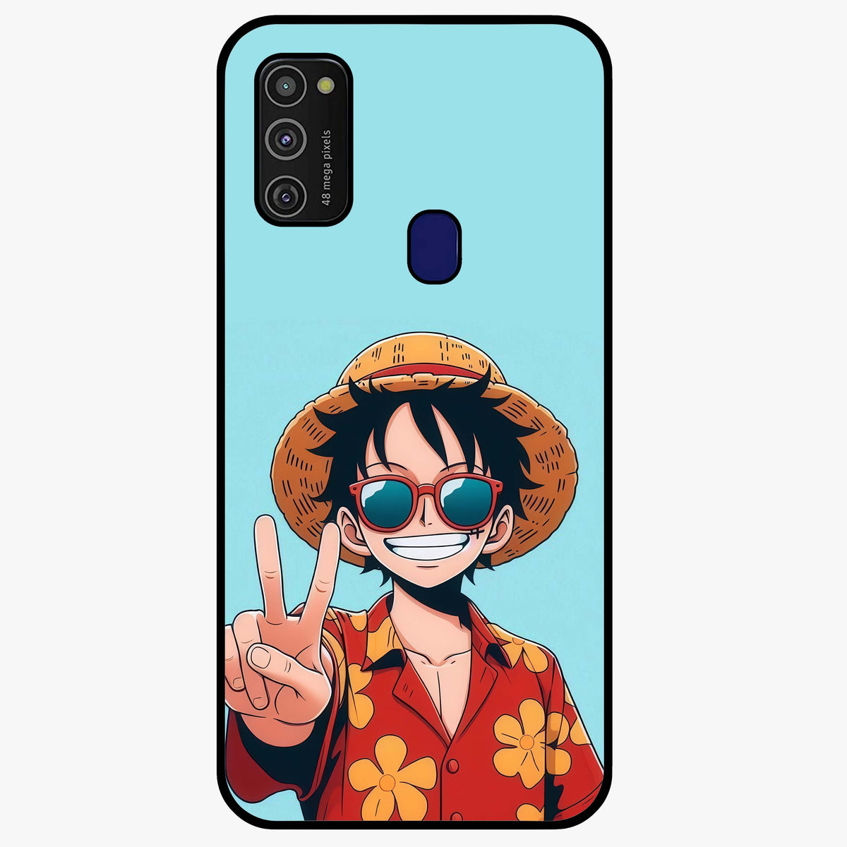 Luffy Summer Anime Vibe Glass Case showing flat back view with vibrant anime character artwork and glossy glass finish.