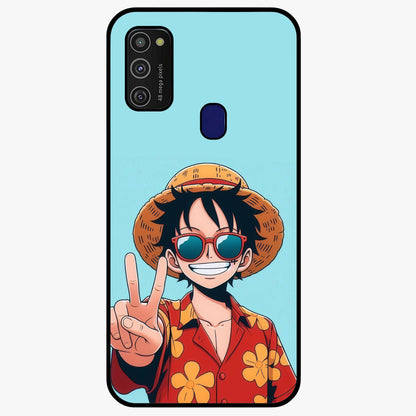 Luffy Summer Anime Vibe Glass Case showing flat back view with vibrant anime character artwork and glossy glass finish.
