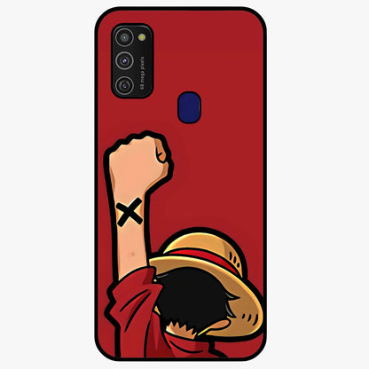 Luffy X Spirit Glass Case showing flat back view with bold anime character artwork and glossy glass finish.