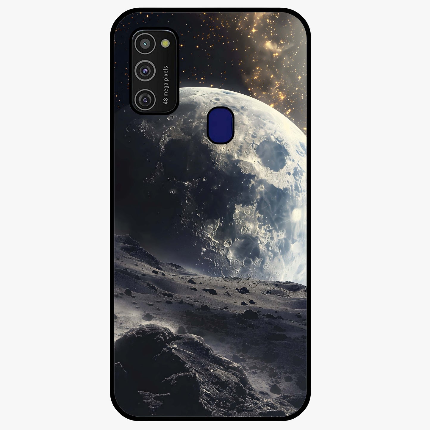 Lunar Horizon Glow Glass Case showing flat back view with glowing moon horizon artwork and glossy glass finish.