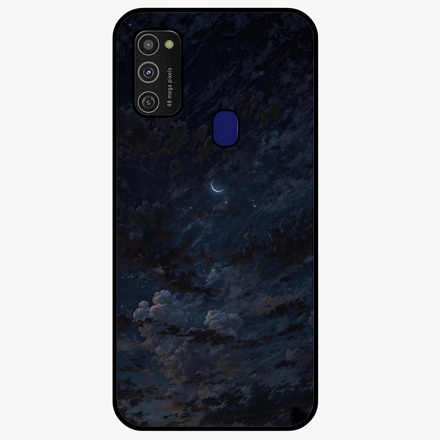 Lunar Veil Silence Glass Case showing flat back view with mystical moon veil artwork and glossy glass finish.