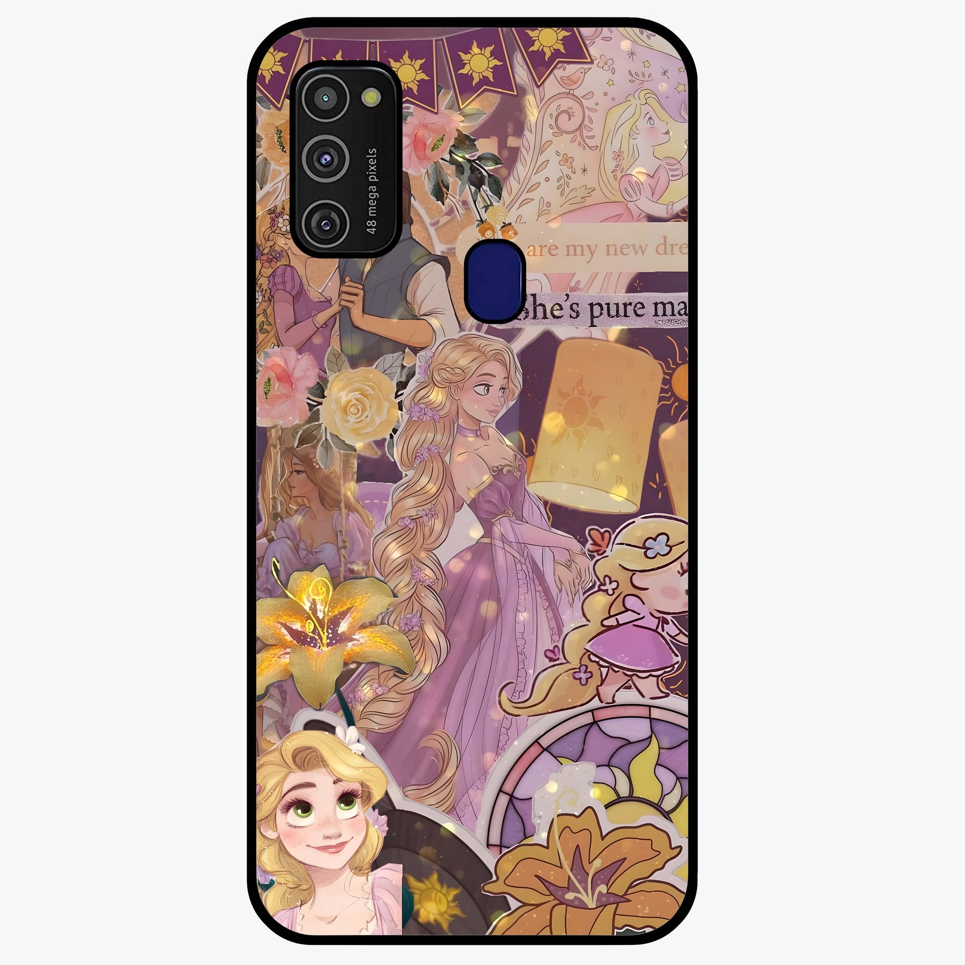 Magical Tangled Dream Glass Case showing flat back view with dreamy tangled artwork and glossy glass finish.