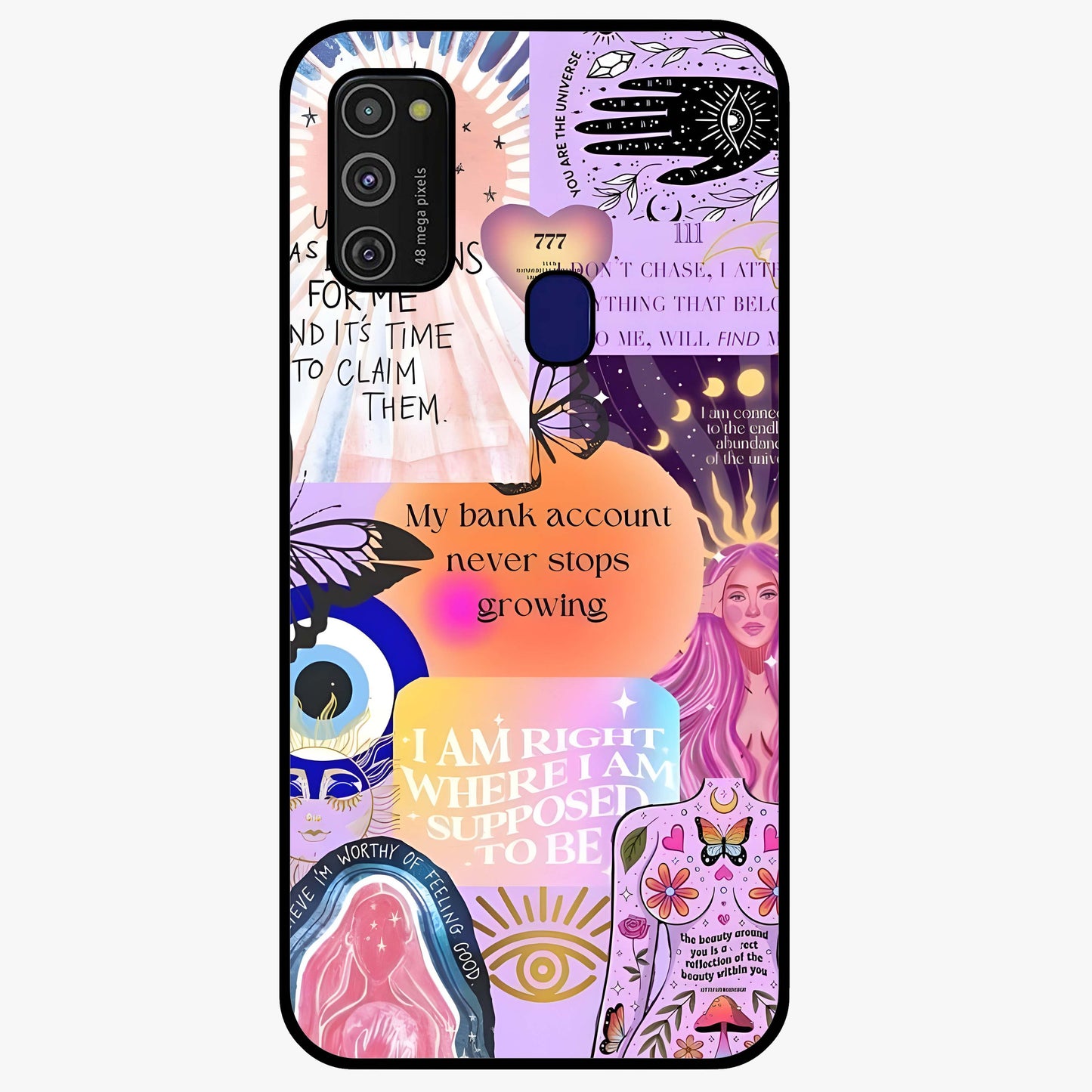 Manifestation Collage Glass Case showing flat back view with motivational collage artwork and glossy glass finish.