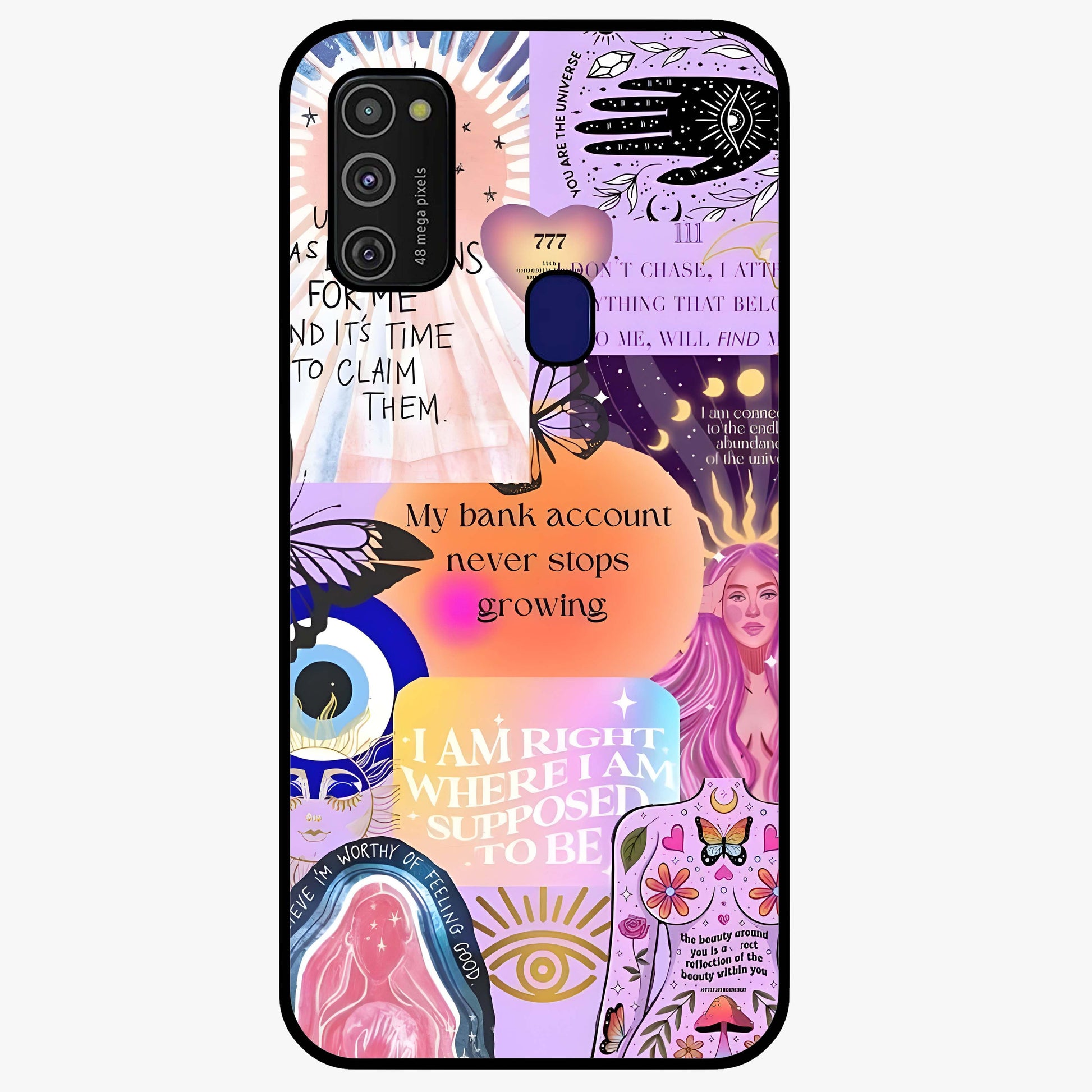 Manifestation Collage Glass Case showing flat back view with motivational collage artwork and glossy glass finish.