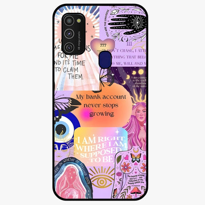 Manifestation Collage Glass Case showing flat back view with motivational collage artwork and glossy glass finish.