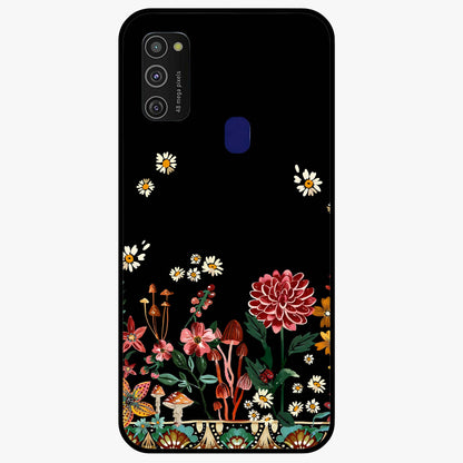 Midnight Bloom Pattern Glass Case showing flat back view with dark floral pattern artwork and glossy glass finish.