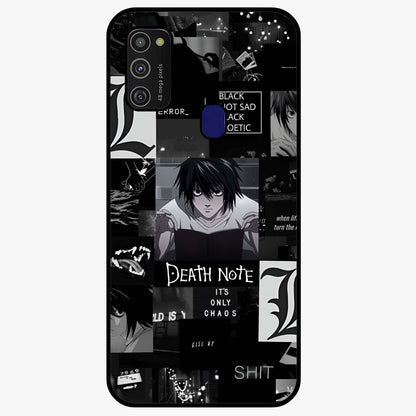 Midnight Chaos Mind Glass Case showing flat back view with abstract dark themed artwork and glossy glass finish.