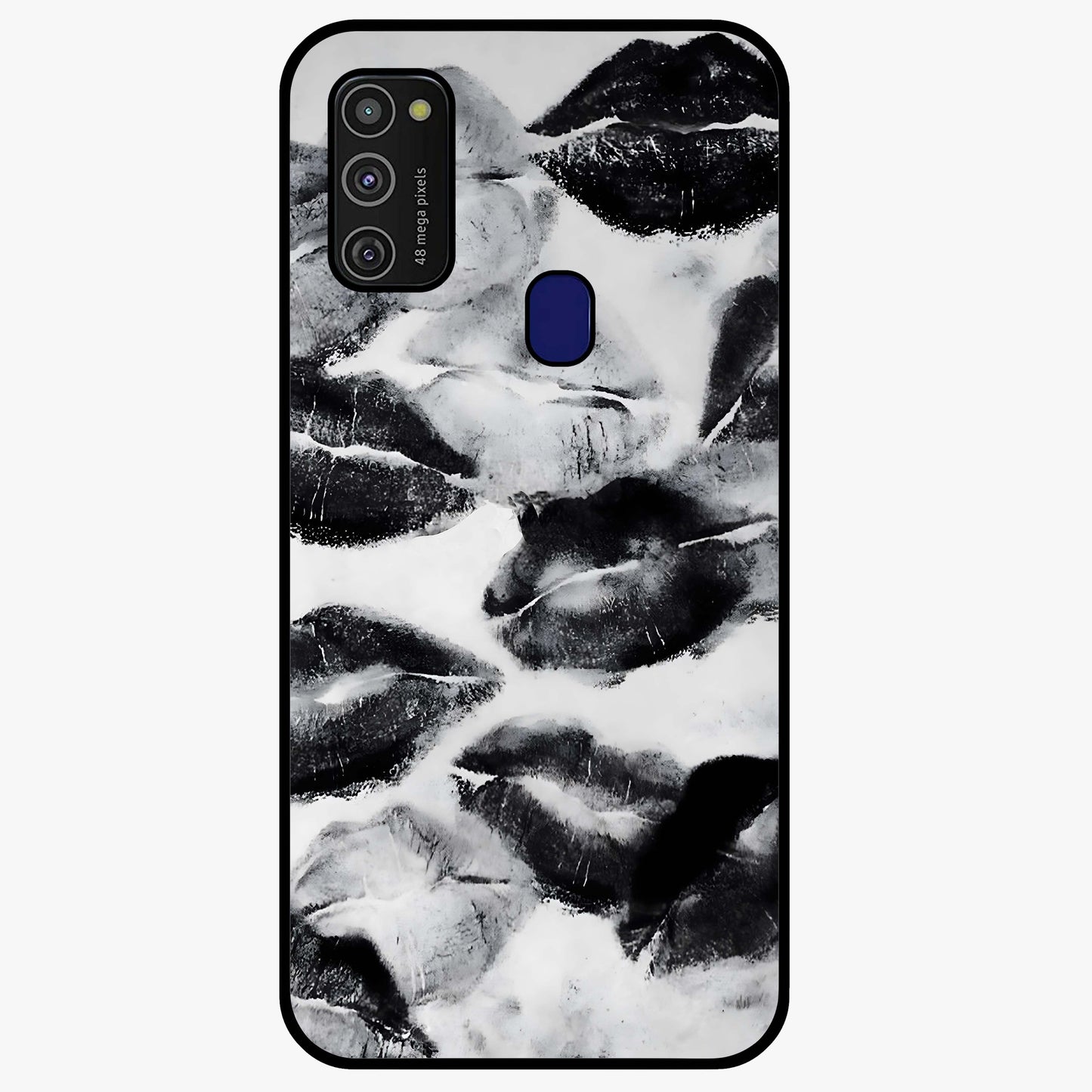 Midnight Kiss Marks Glass Case showing flat back view with lipstick kiss mark artwork and glossy glass finish.