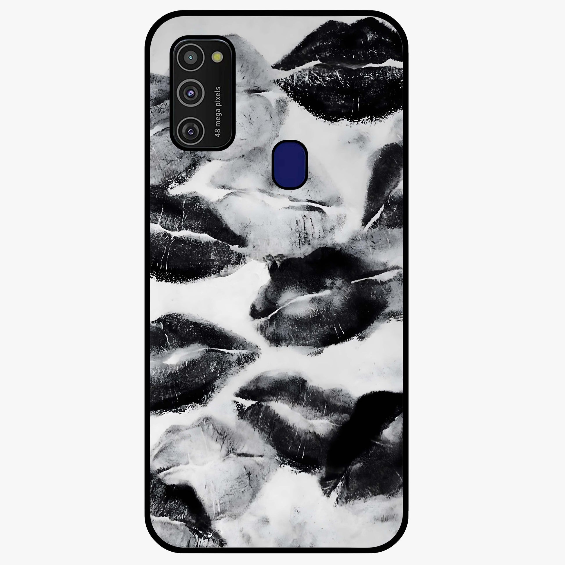 Midnight Kiss Marks Glass Case showing flat back view with lipstick kiss mark artwork and glossy glass finish.