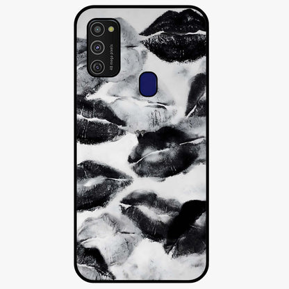 Midnight Kiss Marks Glass Case showing flat back view with lipstick kiss mark artwork and glossy glass finish.