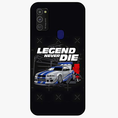 Midnight Racing Legacy Glass Case showing flat back view with sleek racing inspired artwork and glossy glass finish.