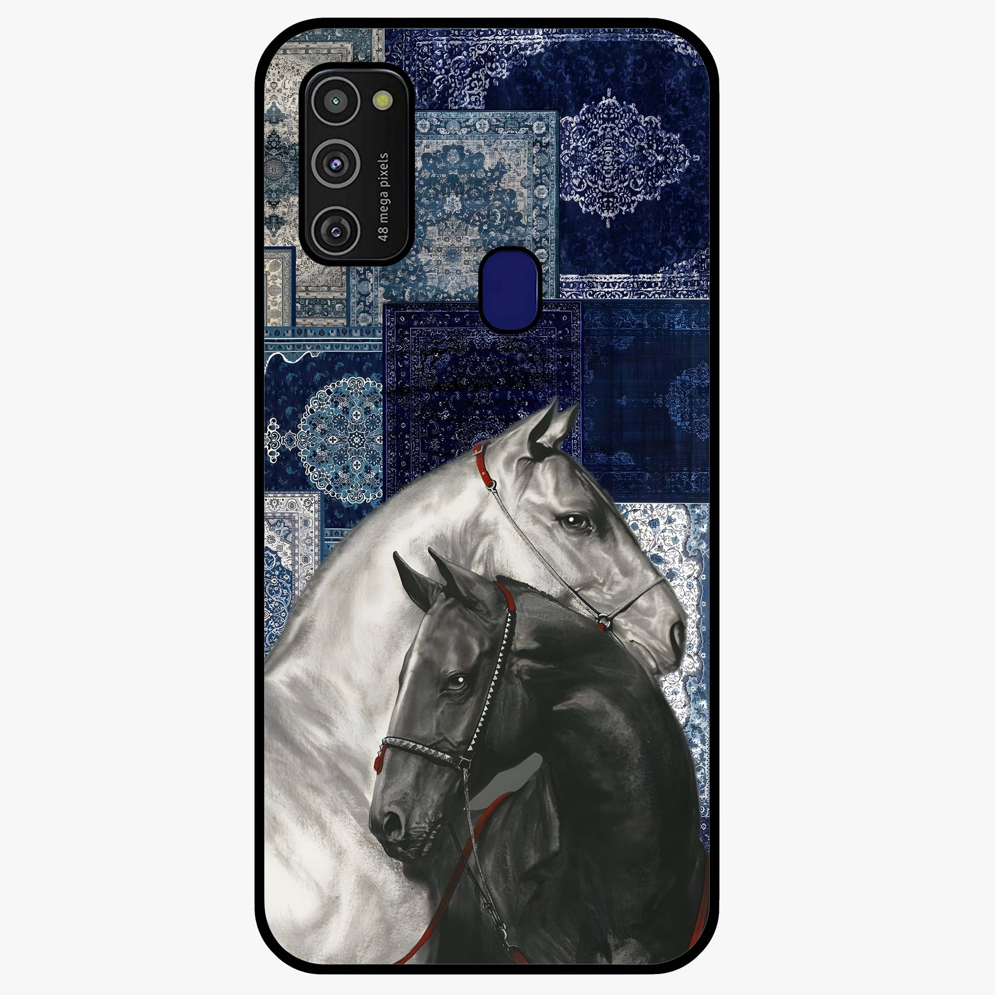Midnight Stallion Blues Glass Case showing flat back view with majestic horse artwork and glossy glass finish.