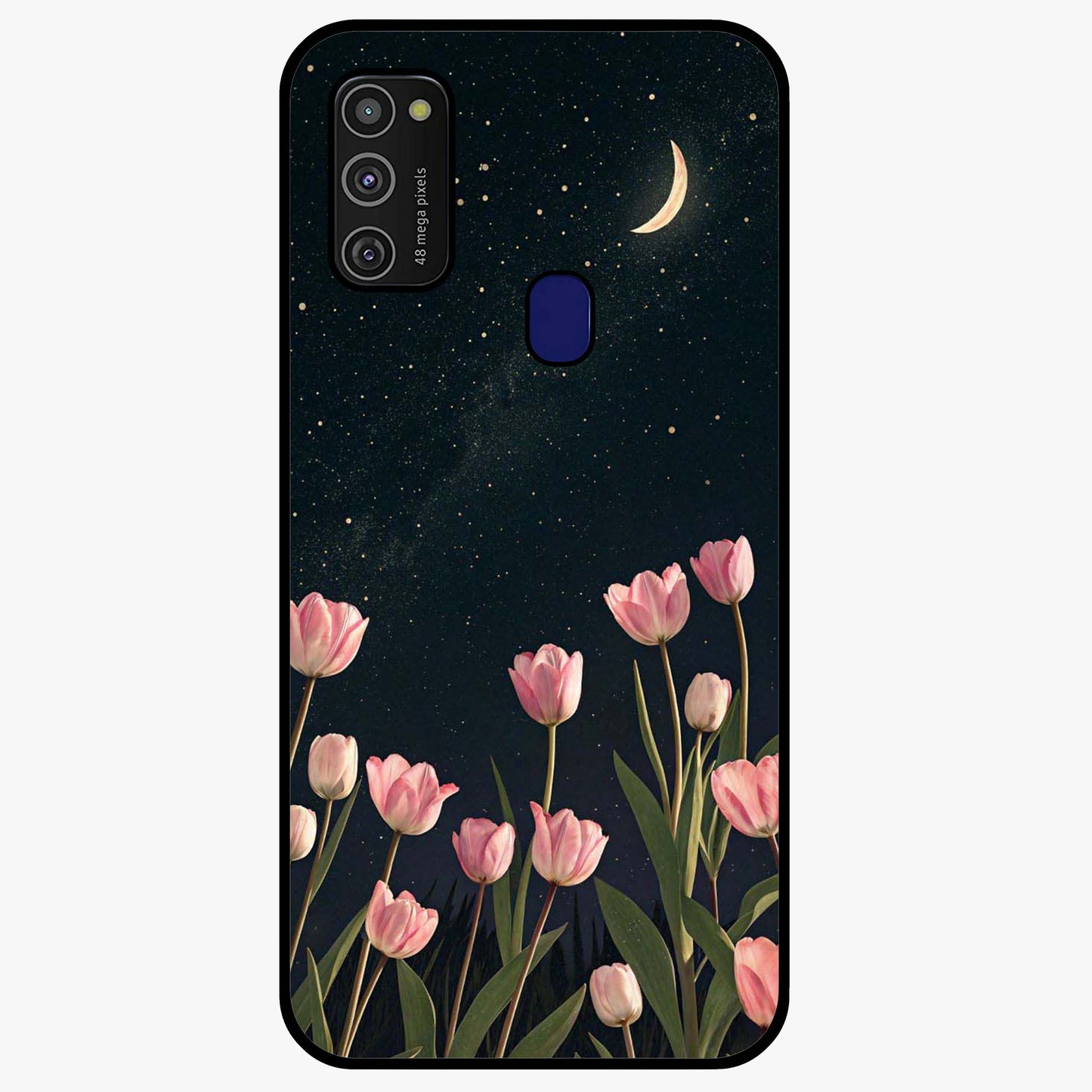 Midnight Tulip Whispers Vibe Glass Case showing flat back view with elegant tulip flower artwork and glossy glass finish.