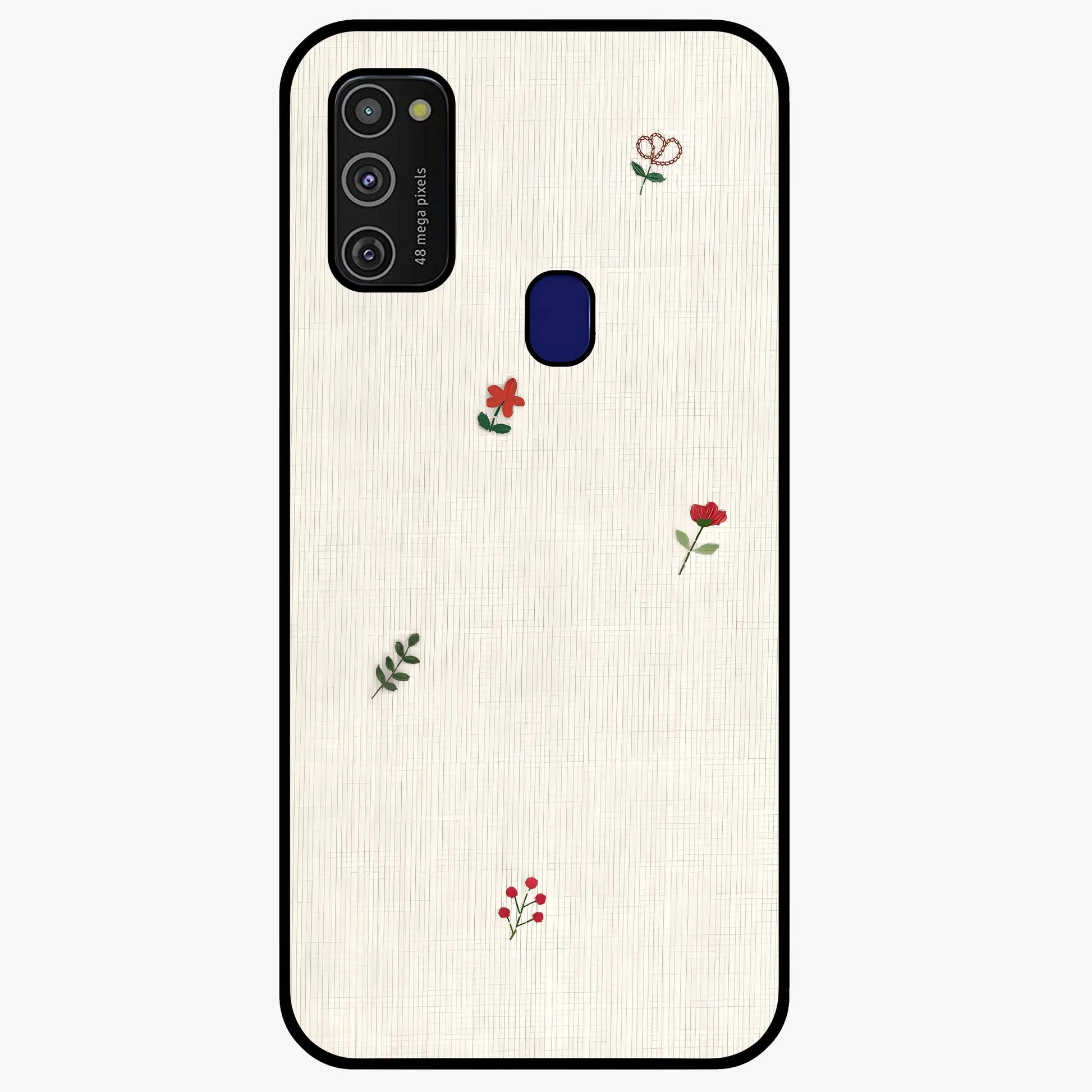 Minimal Petal Whispers Glass Case showing flat back view with soft minimal floral artwork and glossy glass finish.